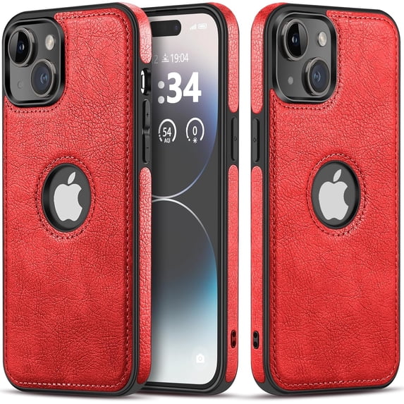 Classy Design Luxury Leather Phone Case for iPhone 15 Non-Slip Grip Full Body Ultra Slim Protective Case (2023,6.1”) (Red)