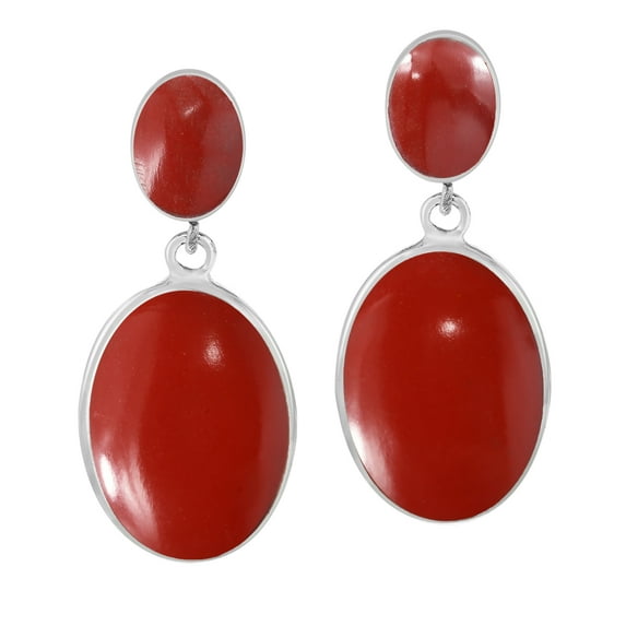 Classy Double Oval Synthetic Coral Inlay Sterling Silver Drop Post Earrings