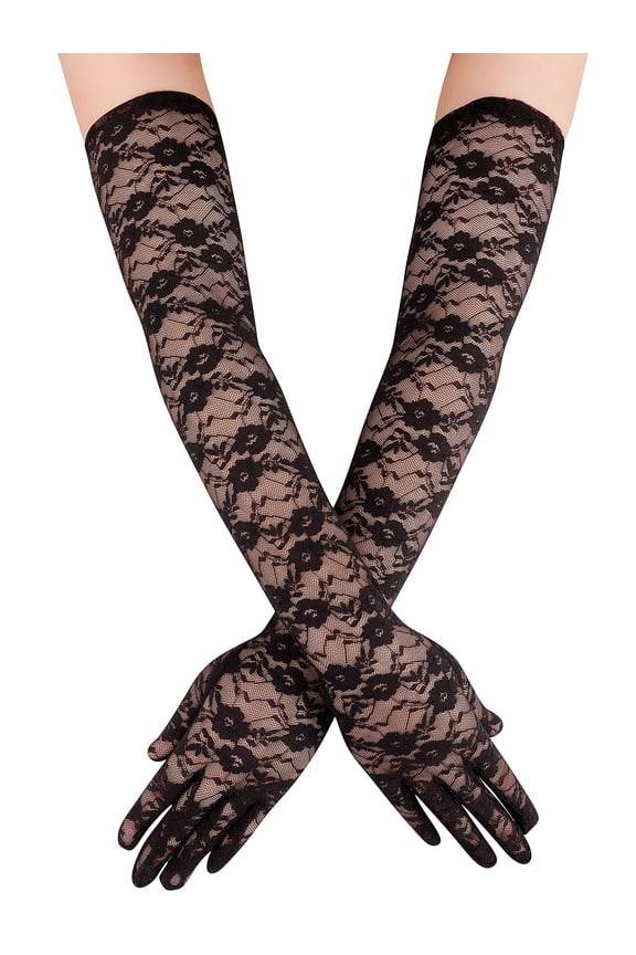 Classy Four Seasons Ladies' Floral Lace Sheer Gloves,Black 21.6"