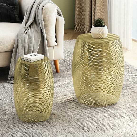 Classy Gold Round Metal Side Table , Material, No Assembly, 16.5”w X 16.5”d 21.06”h & 12”w 12”d 18.25”h Chic Group, Construction,