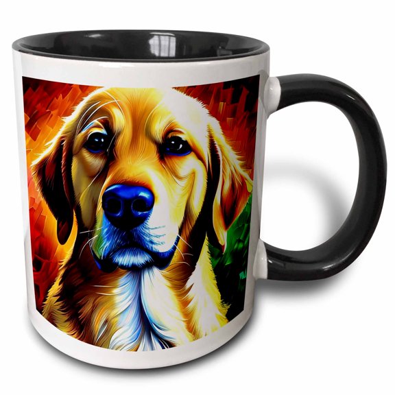 3drose, Classy Golden Retriever Dog Face. Orange Background. Digital Art Gift, 15oz Two-tone Black Mug