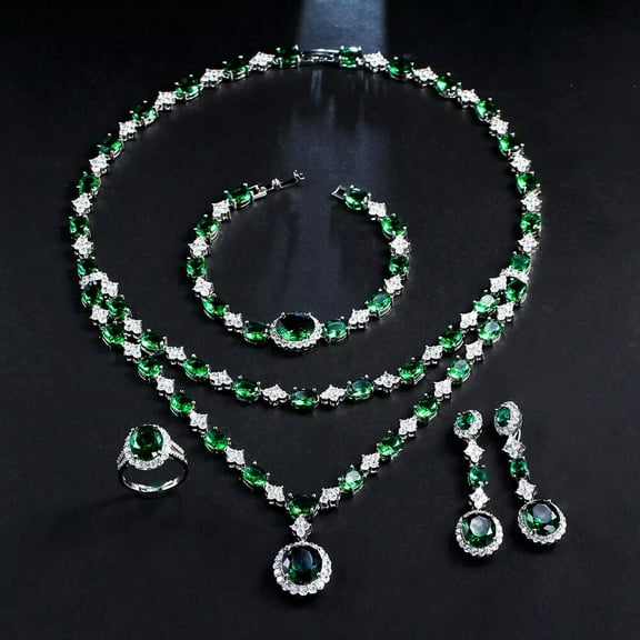 Classy Green CZ Multi Layered Wedding Necklace Earring Ring Bracelet Jewelry Set