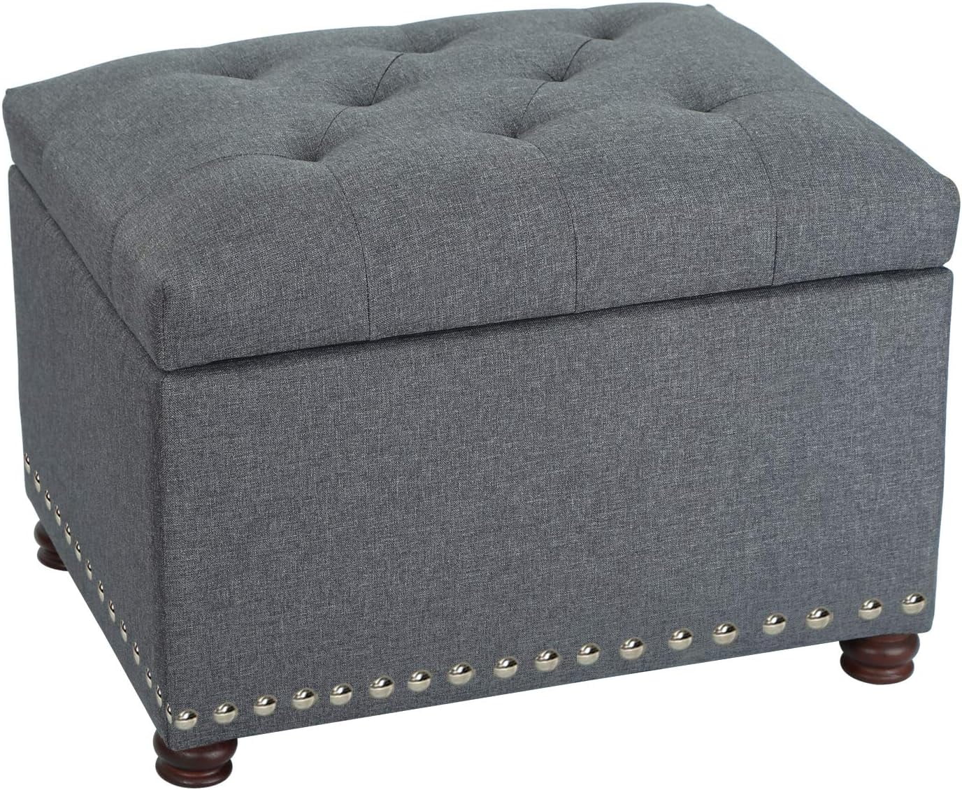 Classy Linen Blend Fabric Accents Rectangular Storage Bench Ottoman ...