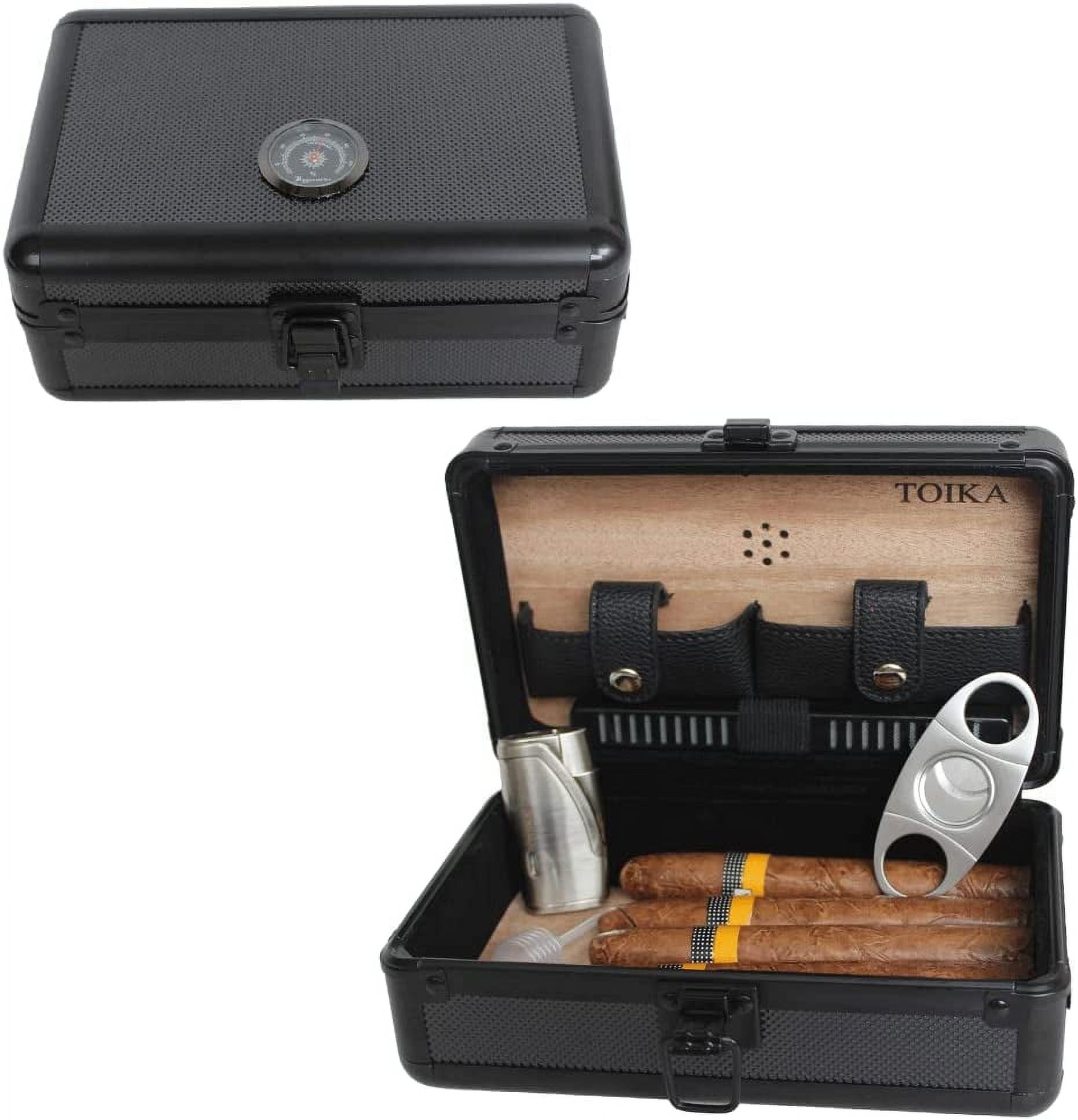 GALINER Portable Leather Travel Cigar Case Cedar Wood Linied Humidor With  Torch Jet Flame Cigar Lighters Cutter Humidifier Set