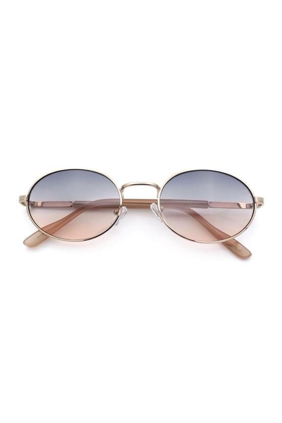 Classy Oval 90s Hip Hop Rapper Shade Metal Rim Retro Sunglasses Gold - Black Beige