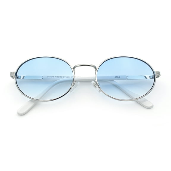 Classy Oval 90s Hip Hop Rapper Shade Metal Rim Retro Sunglasses Silver - Blue