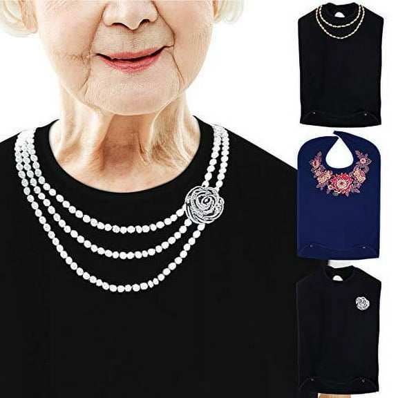 Classy Pal, Adult Bibs for Women Washable, Dress n Dine Clothing Protectors for Eating, Senior Adult Bib Terry Cloth Crumb Catcher, Embroidered Design, Waterproof & Reusable (Pearl Necklace)