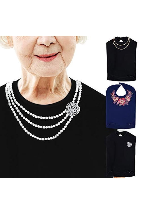 , Adult Bibs for Women Washable, Dress n Dine Clothing Protectors for Eating, Senior Adult Bib Terry Cloth Crumb Catcher, Embroidered Design, Waterproof & Reusable (Pearl Necklace)
