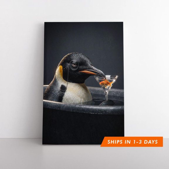 Classy Penguin Monocle Goldfish Cocktail Restroom Poster, Unframed Poster