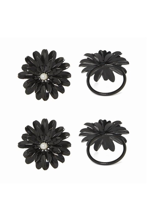 LLC Flower Napkin Rings Set of 4 with Pearl Black