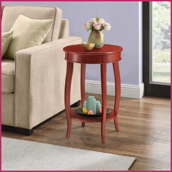 Classy Red Round Coffee Table with Bottom Storage, Sturdy Solid Wood Cabriole Legs for Living Room