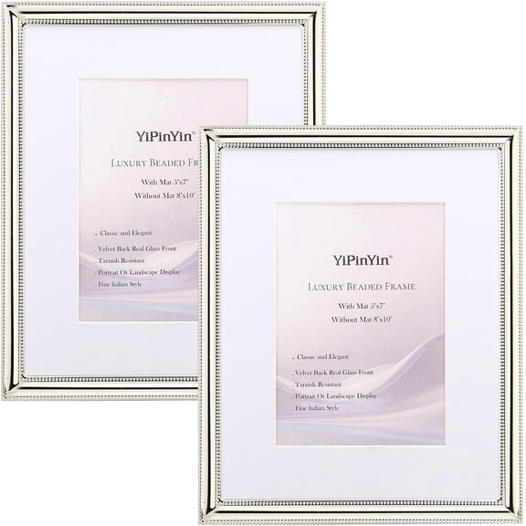 Classy Silver Plated 8x10''Photo Frame 2 pack,Classic Beaded Frame 8x10'' Mat 5x7'',Real glass front and Velvet Backing,Perfect Gifts and Treasured Memories (Silver)