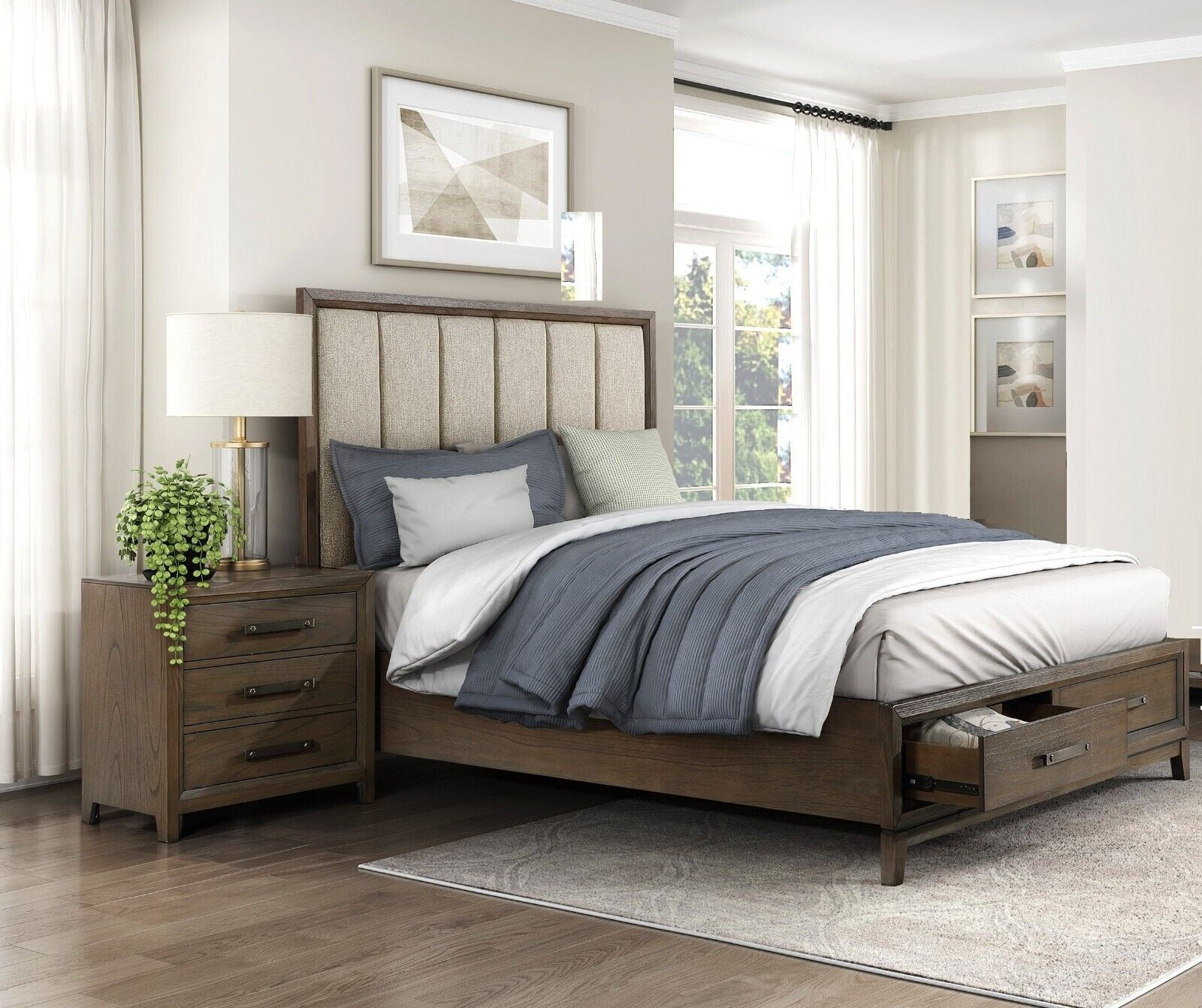 Classy Style 3pc Bedroom Set King Platform Bed w Drawers and Two Nightstands Walnut Finish