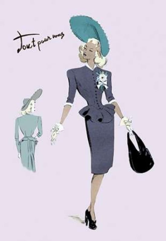Classy Suit Dress with Hat and Bag 1947 Canvas Art - Unknown (12 x 18)