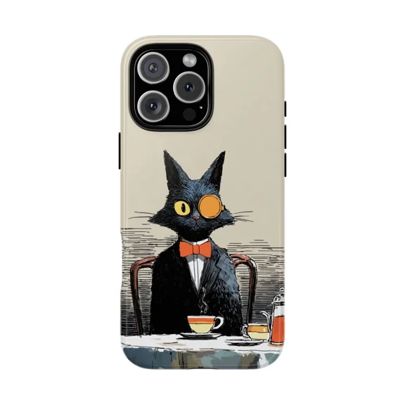 Classy Tea Cat with Monocle Elegant Art Case for iPhone 17 to 11 Pro Max