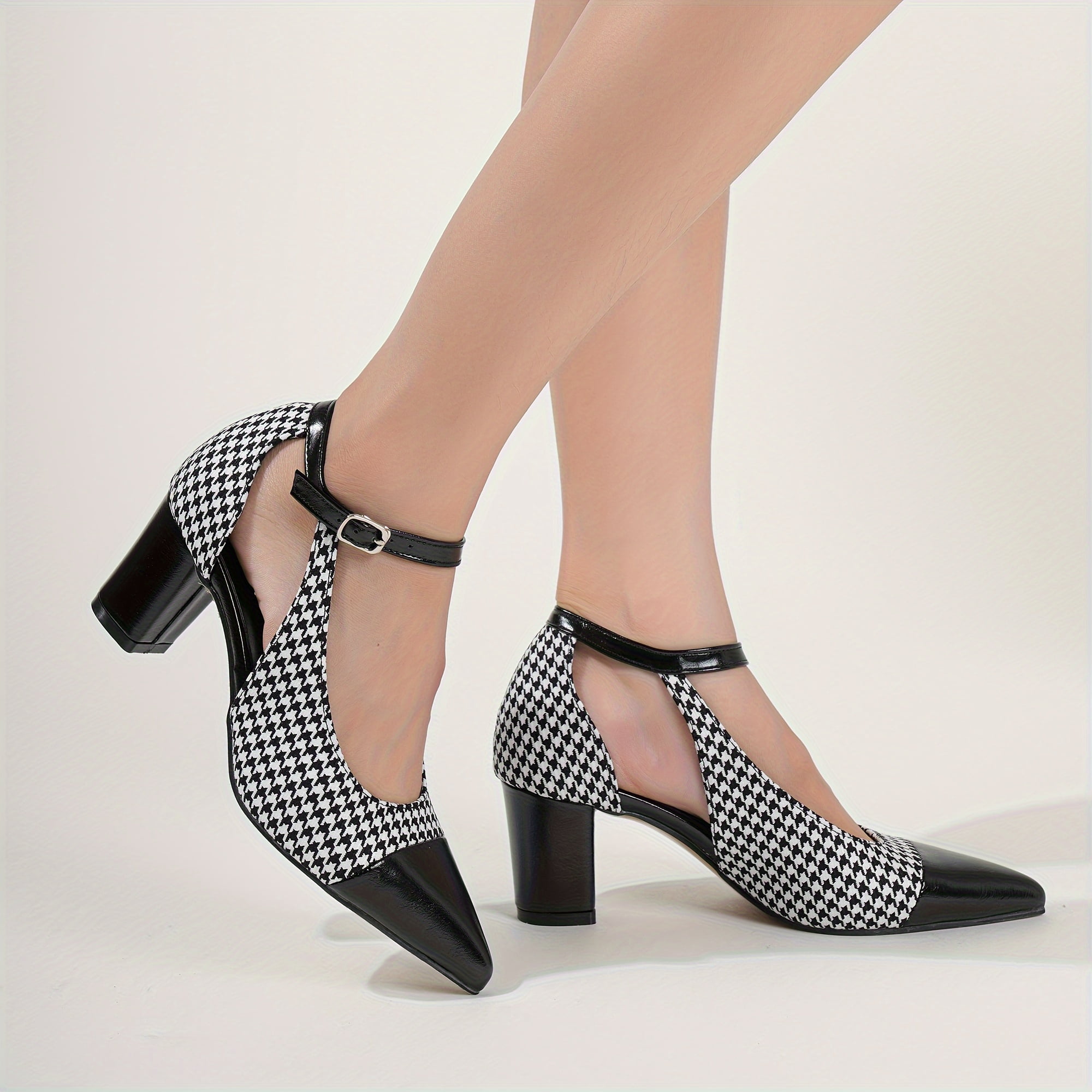 Classy Women's Houndstooth Chunky Heel Shoes Comfortable Soft Sole