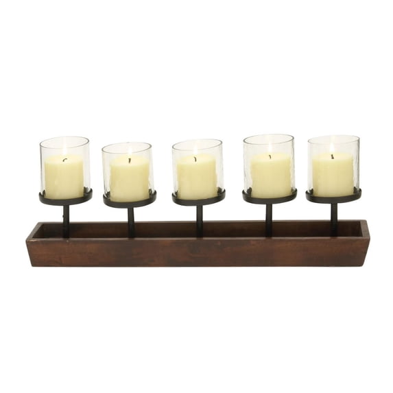 Classy Wood Metal Glass Candle Holder, Black & Mahogany