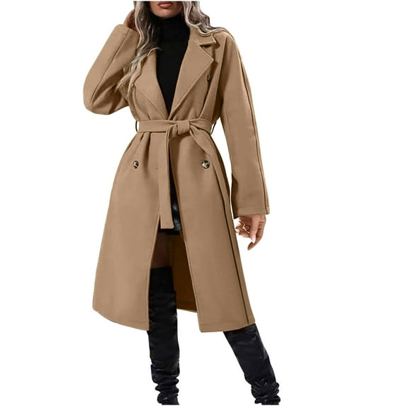 Classy Wool Blend Trench Coats Ladies with Belt Double Breasted Long Sleeve Notched Lapel Collar Warm Overcoat (Small, Khaki)