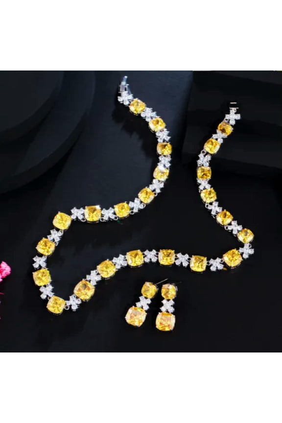 Classy Yellow CZ Flower Square Cut Necklace Earrings Set Bridal Costume Jewelry