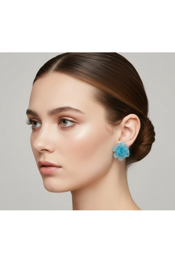 Classy clip on 1 1/4" gold and blue petal flower button style earrings