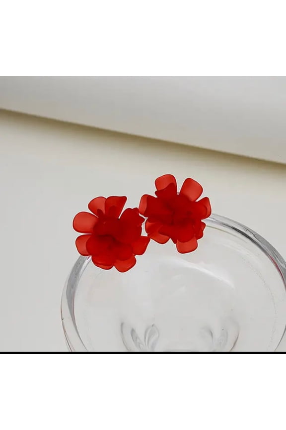 Classy clip on 1 1/4" silver and red petal button style earrings