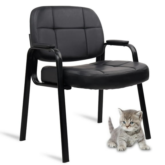 CLATINA Big & Tall 500 lbs Leather Office Reception Chair No Wheels with Padded Arms, Waiting Room Guest Chair for Elderly Home Desk Conference Room Lobby Side Salon Clinic, Black