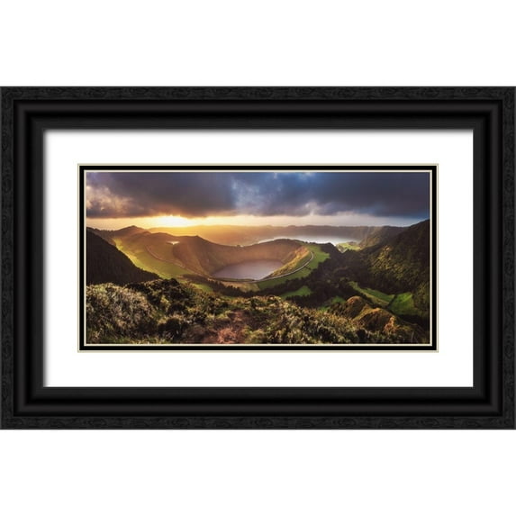 Claude Castor, Jean 32x18 Black Ornate Wood Framed with Double Matting Museum Art Print Titled - Azores - Sete Cidades Sunset Panorama