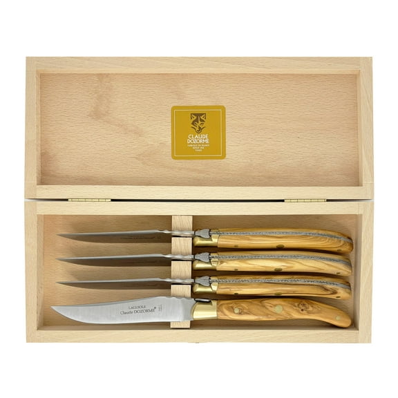Claude Dozorme Laguiole Steak Knives 4 in a Wood-Box Bee OliveWood Handle with Matt Brass Bolster and Stainless Steel Blade