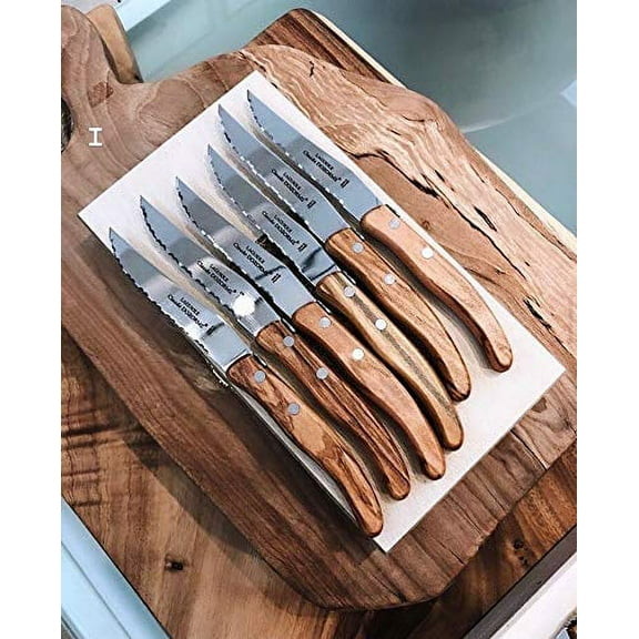 Claude Dozorme Laguiole Steak Knives Olive Wood Berlingot Set of 6 in a Wood Box