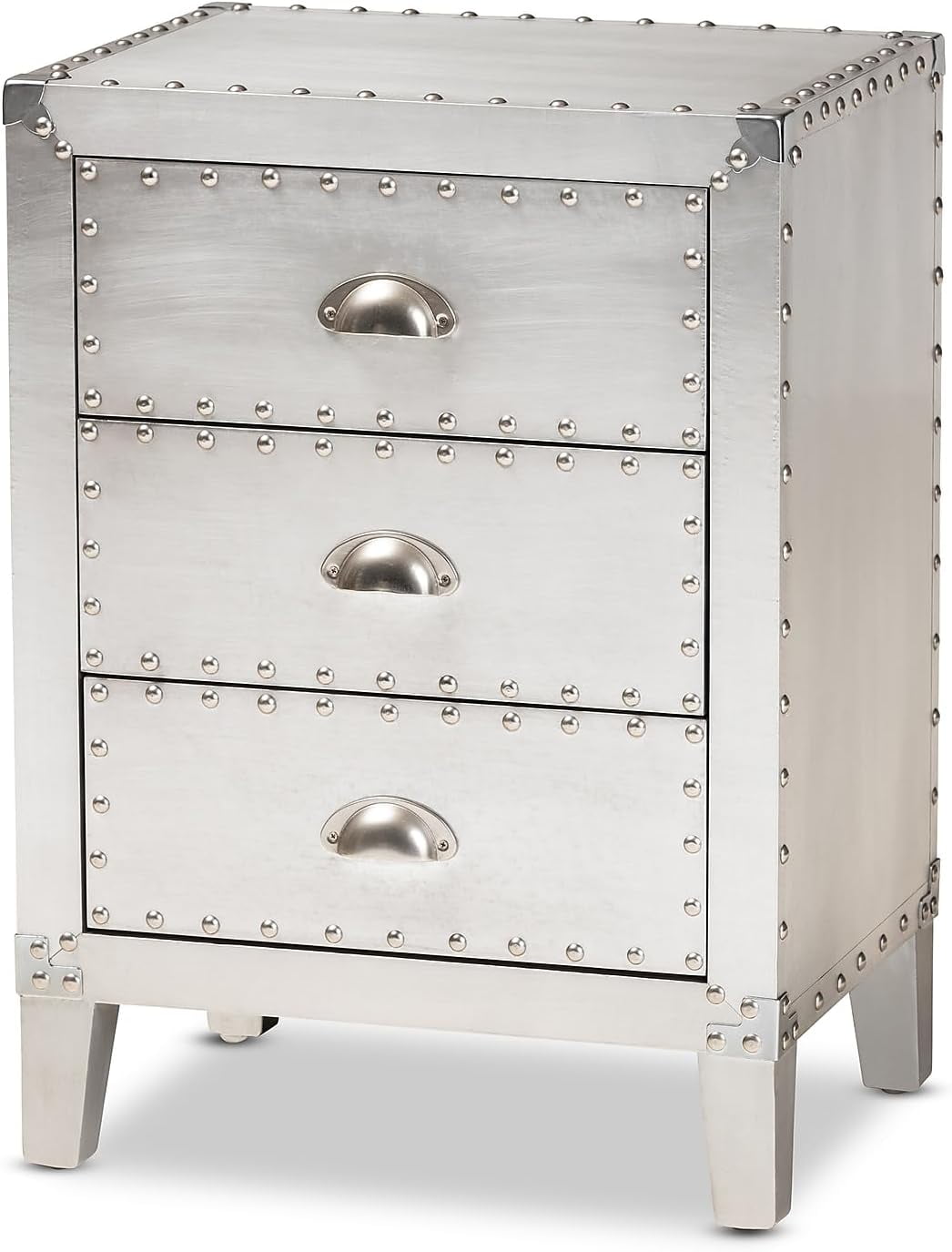 Claude Riveted Silver Metal 3-Drawer Nightstand