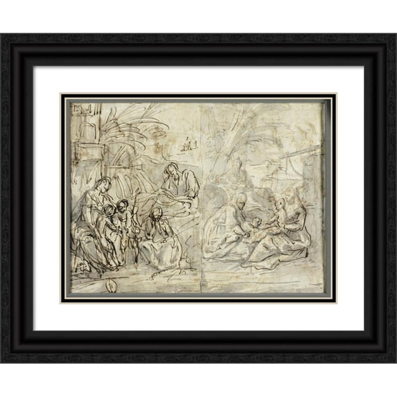 Claude Gillot 18x15 Black Ornate Wood Framed Double Matted Museum Art Print Titled - Studies of the Holy Family and Saint John the Baptist (1705-10)