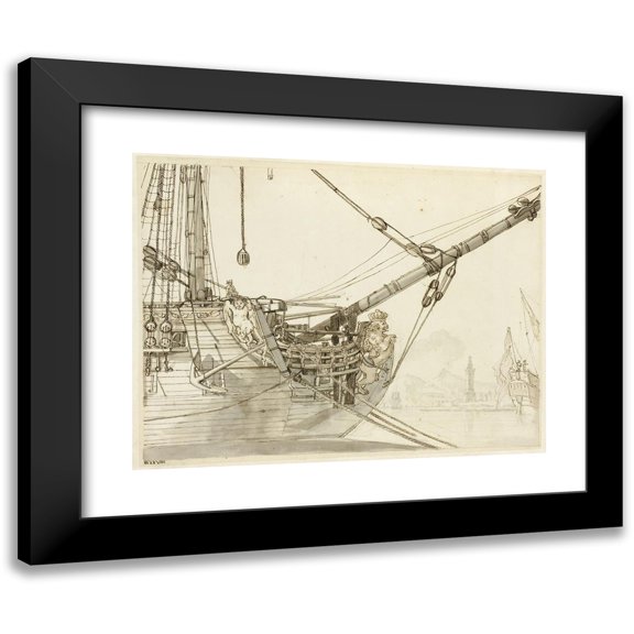 Claude-Joseph Vernet 14x12 Black Modern Framed Museum Art Print Titled - Study of a Warship's Prow with British Warships and Naples Harbor Beyond (C. 1748)