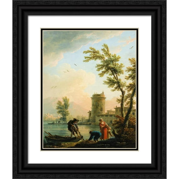 Claude-Joseph Vernet 15x18 Black Ornate Wood Framed Double Matted Museum Art Print Titled - Fishers at Sunrise