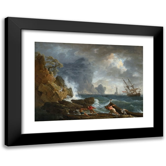 Claude-Joseph Vernet 18x14 Black Modern Framed Museum Art Print Titled - An Italian Harbour in Stormy Weather (C. 1740 - 1750)
