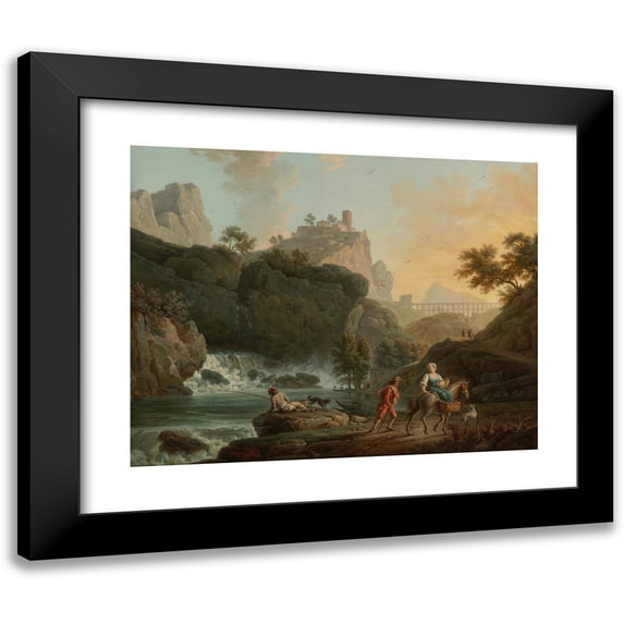 Claude-Joseph Vernet 24x20 Black Modern Framed Museum Art Print Titled - A Rocky Landscape with a Fisherman and Travellers by a River with a Waterfall, an Aqueduct in the Distance