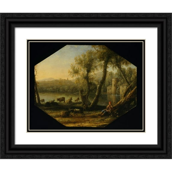 Claude Lorrain 18x15 Black Ornate Wood Framed Double Matted Museum Art Print Titled - Pastoral Landscape (From 1636 Until 1637)