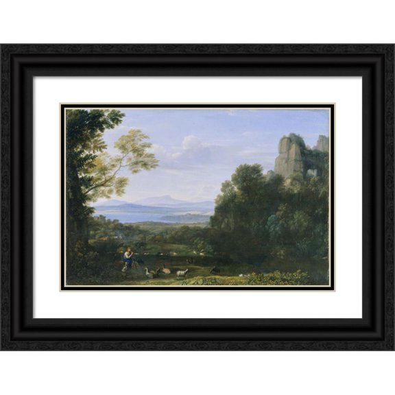 Claude Lorrain 24x17 Black Ornate Framed Double Matted Museum Art Print Titled: Landscape with Apollo and Mercury (1660)