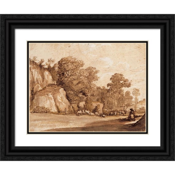 Claude Lorrain 24x19 Black Ornate Framed Double Matted Museum Art Print Titled: A Rocky Hillside (1635)