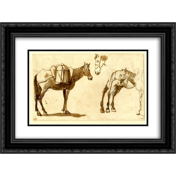 Claude Lorrain 2x Matted 24x18 Black Ornate Framed Art Print 'Drawing of mules, including one full length'