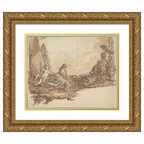 Claude Louis Desrais 18x15 Gold Ornate Wood Frame and Double Matted Museum Art Print Titled - Allegories of Africa and America