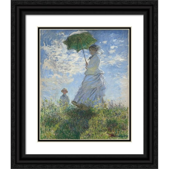 Claude Monet 12x14 Black Ornate Wood Framed Double Matted Museum Art Print Titled: Woman with a Parasol - Madame Monet and Her Son (1875)