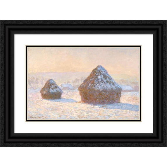 Claude Monet 14x11 Black Ornate Wood Framed Double Matted Museum Art Print Titled: Wheatstacks, Snow Effect, Morning (1891)