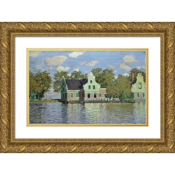 Claude Monet 14x11 Gold Ornate Wood Frame and Double Matted Museum Art Print Titled - Houses by the Bank of the River Zaan (1871)