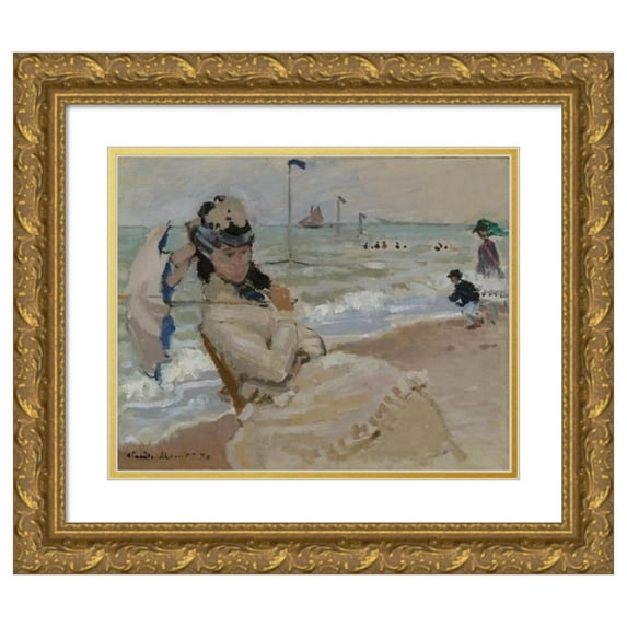 Claude Monet 14x12 Gold Ornate Wood Frame and Double Matted Museum Art Print Titled - Camille on the Beach In Trouville (1870)