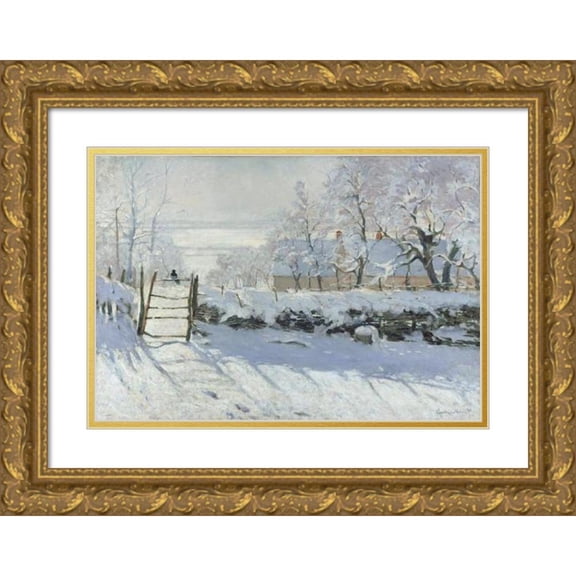 Claude Monet 18x14 Gold Ornate Wood Frame and Double Matted Museum Art Print Titled - The Magpie (1868 - 1869)