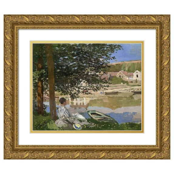 Claude Monet 18x15 Gold Ornate Wood Frame and Double Matted Museum Art Print Titled - On the Bank of the Seine, Bennecourt (1868)