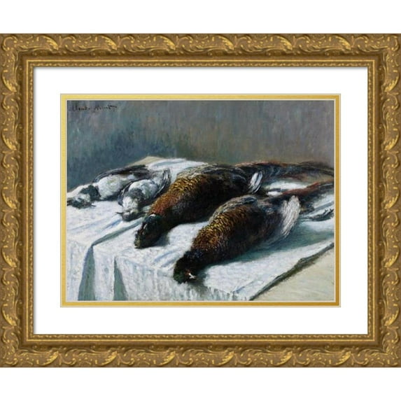 Claude Monet 24x19 Gold Ornate Framed and Double Matted Museum Art Print Titled - Still Life with Pheasants and Plovers (1879)