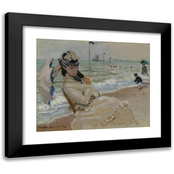 Claude Monet 24x20 Black Modern Framed Museum Art Print Titled - Camille on the Beach In Trouville (1870)