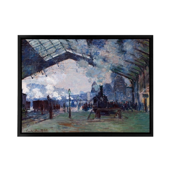 Claude Monet Arrival Of Normandy Train Black Framed Canvas Wall Art Print 24X32"