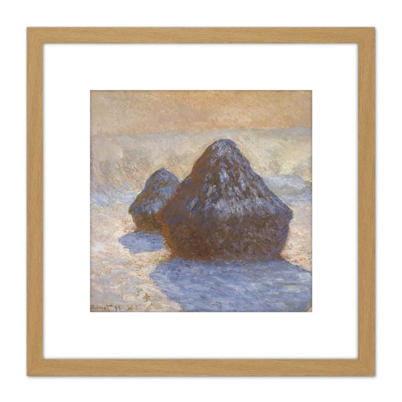Claude Monet Haystacks Snow Effect 8X8 Inch Square Wooden Framed Wall Art Print Picture with Mount